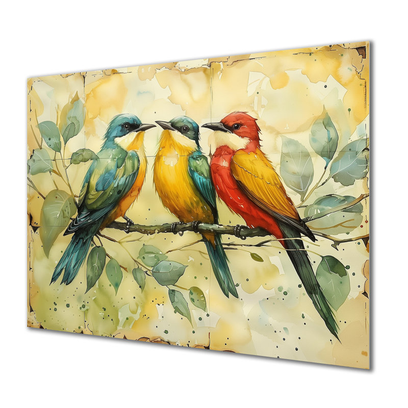 Fleurs jaunes et vertes d'Eden Birds II - oiseau, art mural, Métal métal, H 12 po x l 20 po x P 1 po