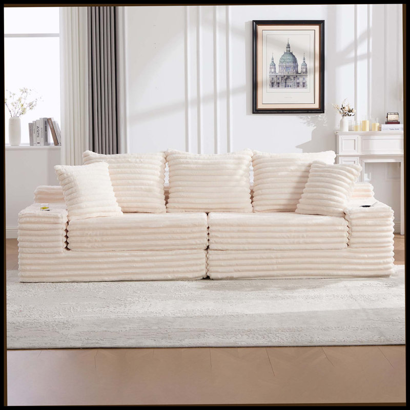 Très grand canapé sans siège à quatre places avec porte-gobelet et poches latérales, canapé-lit rembourré en velours côtelé avec 3 coussins, 2 coussins lombaires. Salon, chambre à coucher, sans assemblage, matériau respirant
