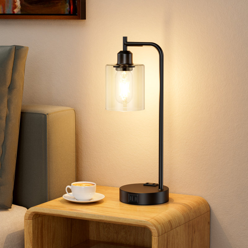 16.5'' Industrial Glass Table Lamp Set with Touch Control, AC Outlet and USB A&C