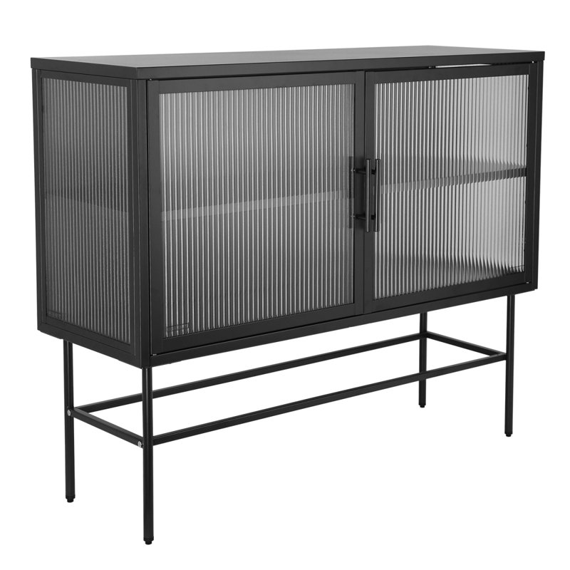 Console à double porte en verre trempé avec 2 portes en verre cannelé et tablette réglable, Noir