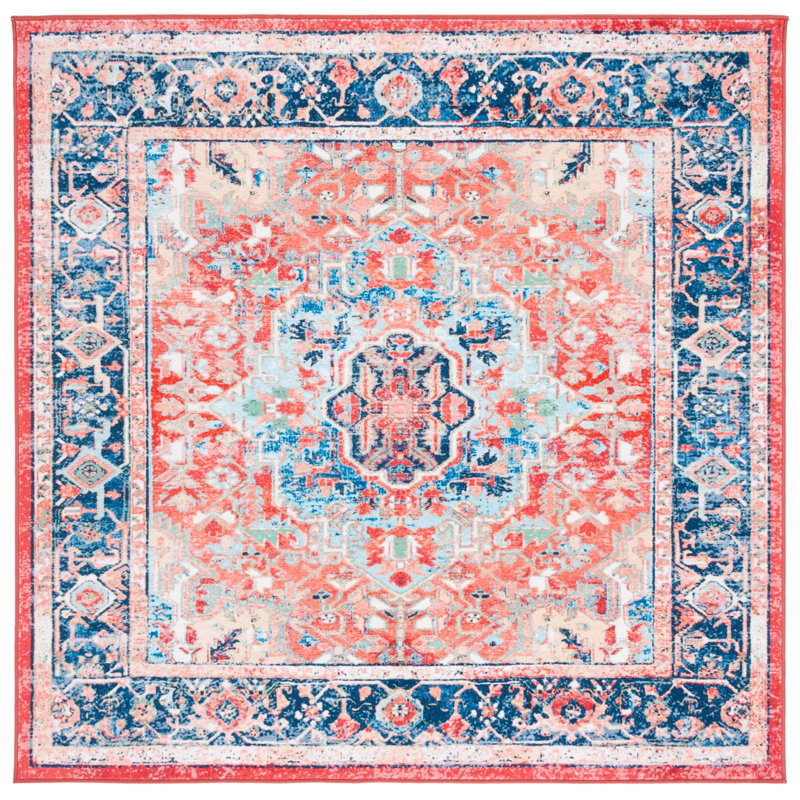 Daubert Oriental Navy/Red Area Rug, Square 6'7"