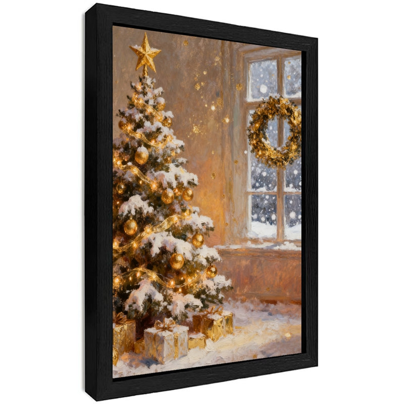 Reproduction d'art encadré noir, arbre de Noël et cadeaux d'hiver rétro, H 37 po x l 25 po