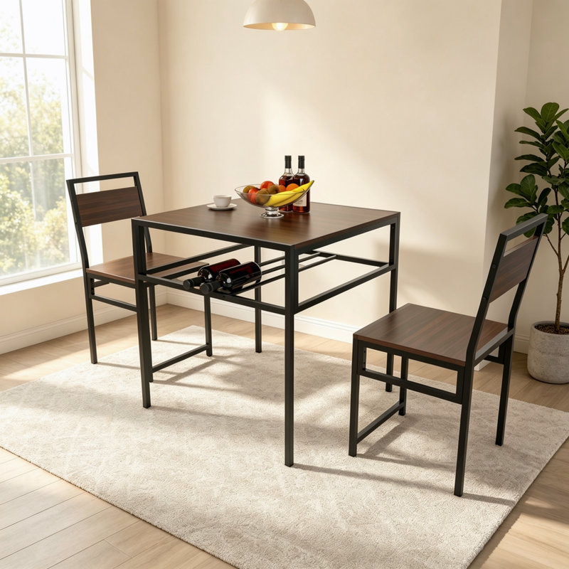 Ensemble de table et de chaises de style industriel, petite table carrée avec étagère de rangement, mobilier de salle à manger gain de place pour petit appartement