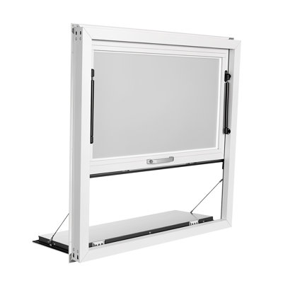 Concession Window with Folding Shelf 36x36in, Aluminum Alloy Service Window for Food Trucks, Opens Up to 85 Degrees, Includes Awning Door and Drag Hook, Water-Resistant Design