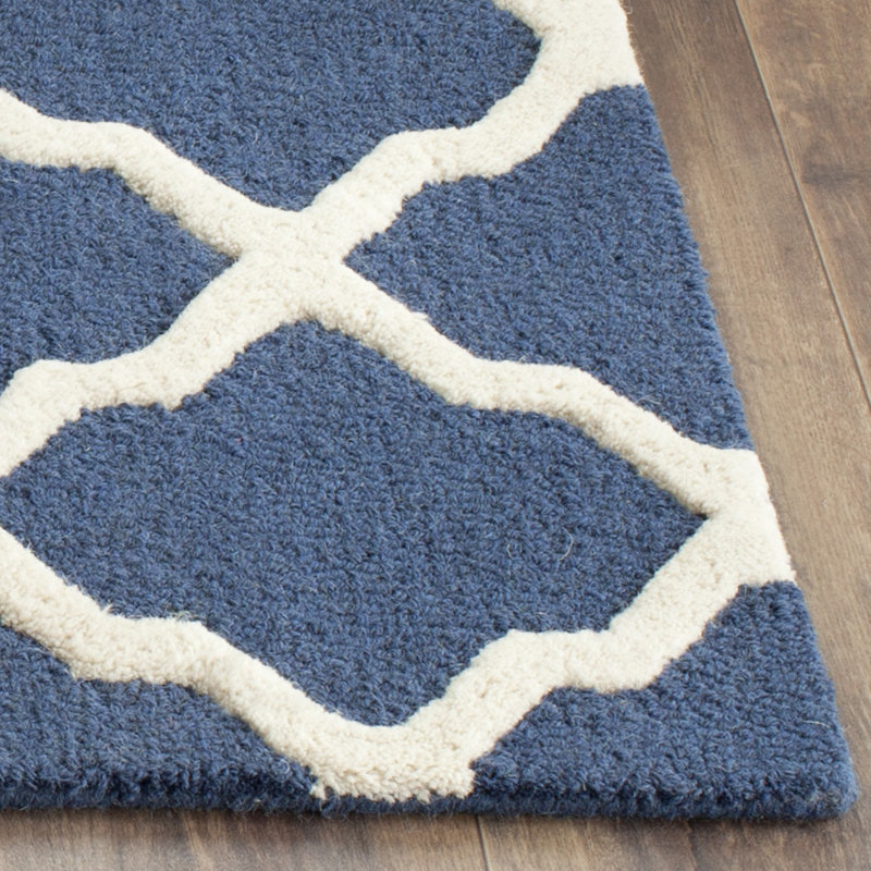 Cannen Hand Tufted Wool Geometric Rug, Navy Blue/Ivory, Runner 2'6" x 14'