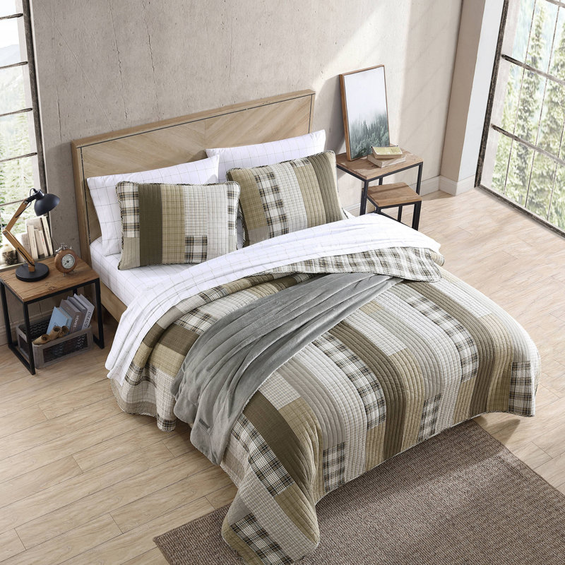 Eddie Bauer Fairview Cotton Reversible Quilt Set, Twin Quilt + 1 Standard Sham, Beige