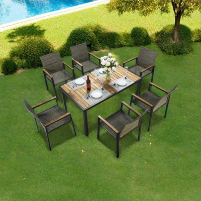 Ensemble de salle à manger 7 pièces avec table en bois d'acacia et chaises en rotin