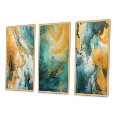 Golden Ocean Waves Turquoise Abstract I - 3 pièces
