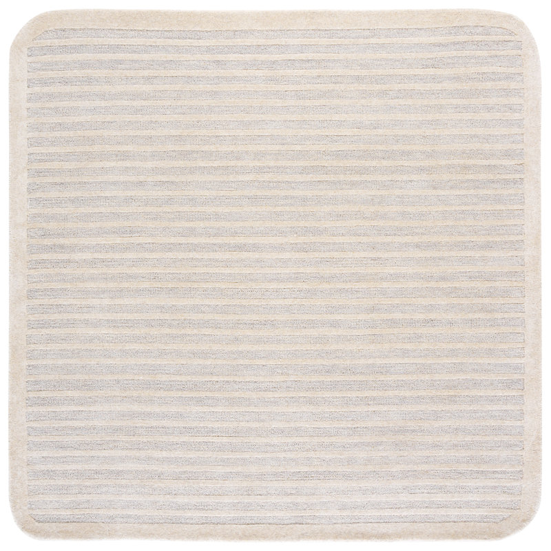 Ebony Hand Tufted Wool/Cotton Striped Rug in Silver/Ivory, Square 6'