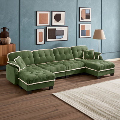 Canapé modulaire en U à 4 places avec repose-pieds mobile, coussins capitonnés, garniture pompon et accoudoirs coussinés