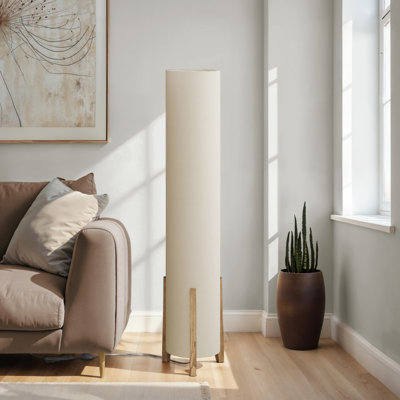 Lampe sur pied contemporaine de 50 pouces avec base aspect bois brun et abat-jour en lin ivoire, interrupteur à pédale marche / arrêt facile