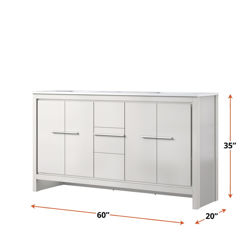 Ensemble de meuble-lavabo double 60 po x 20 po - comptoir en quartz, bois massif, fermeture en douceur, surface rayée et teintée, 2 armoires, 3 tiroirs, élément de salle de bain Avec dessus en bois, portes fermées,