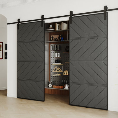 Black Chevron Sliding Barn Door with Hardware Kit - Pre-finished Modern Wood Interior Door for Bedroom & Office