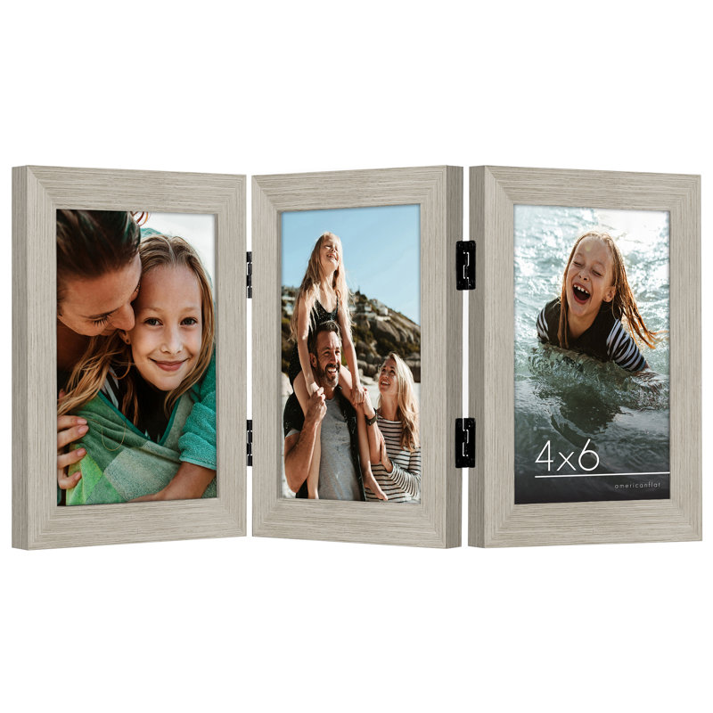 Hinged Frame For Desk Three Pictures - Composite Wood and Shatter-Resistant Glass, 4" x 6", Driftwood