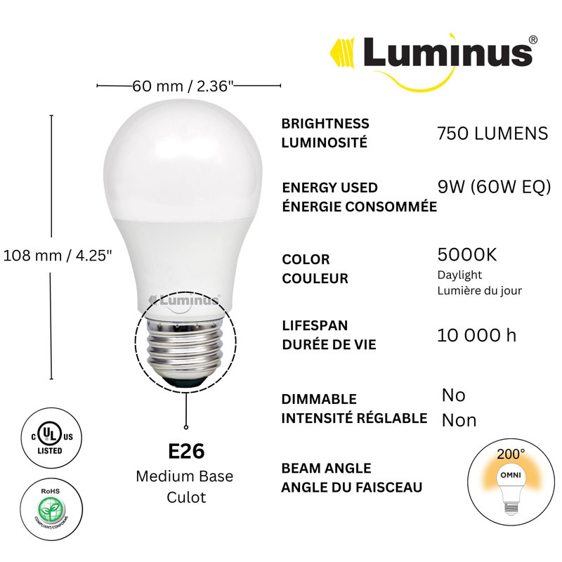 9 Watt (60 Watt Equivalent), A19 LED, Non-Dimmable Light Bulb, Daylight (5000K) E26/Medium (Standard) Base
