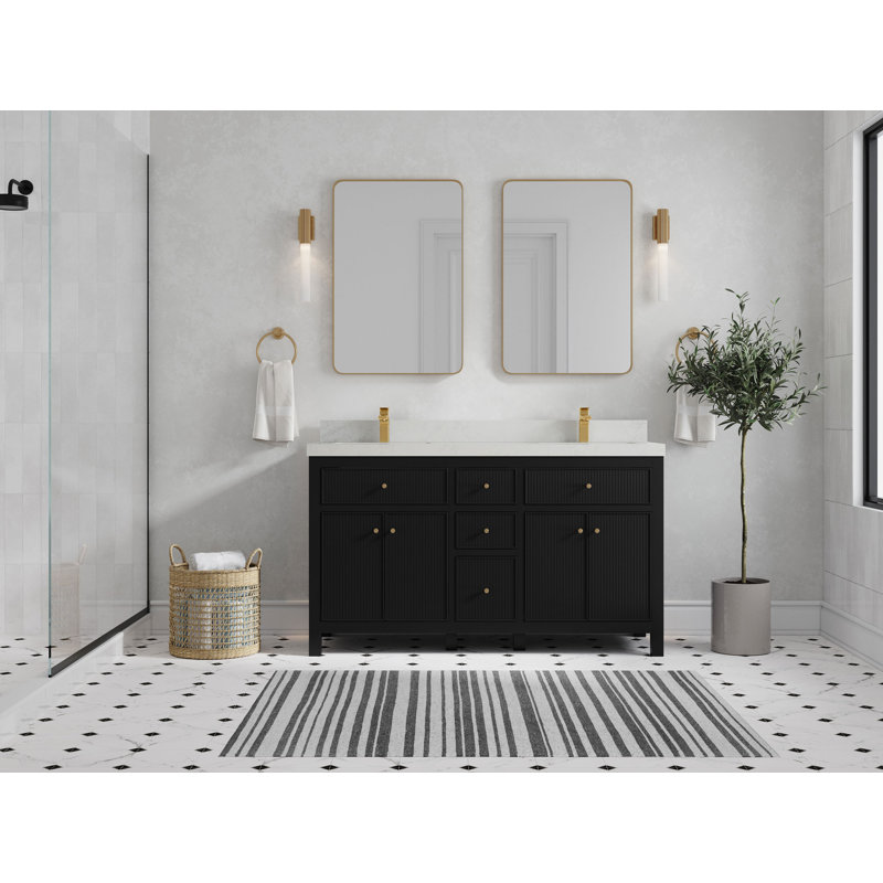 60'' Double Bathroom Vanity with Top, Black, Carrara Quartz