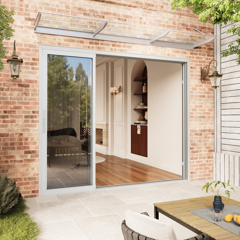 Porte de patio coulissante l 96 po x H 80 po à trois rails avec trousse de quincaillerie argentée, verre transparent
