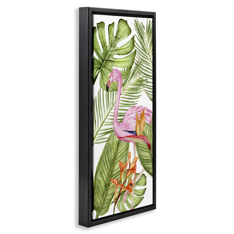 Plantes tropicales et flamant rose, H 25 po x l 11 po, Cadre flottant noir de jais