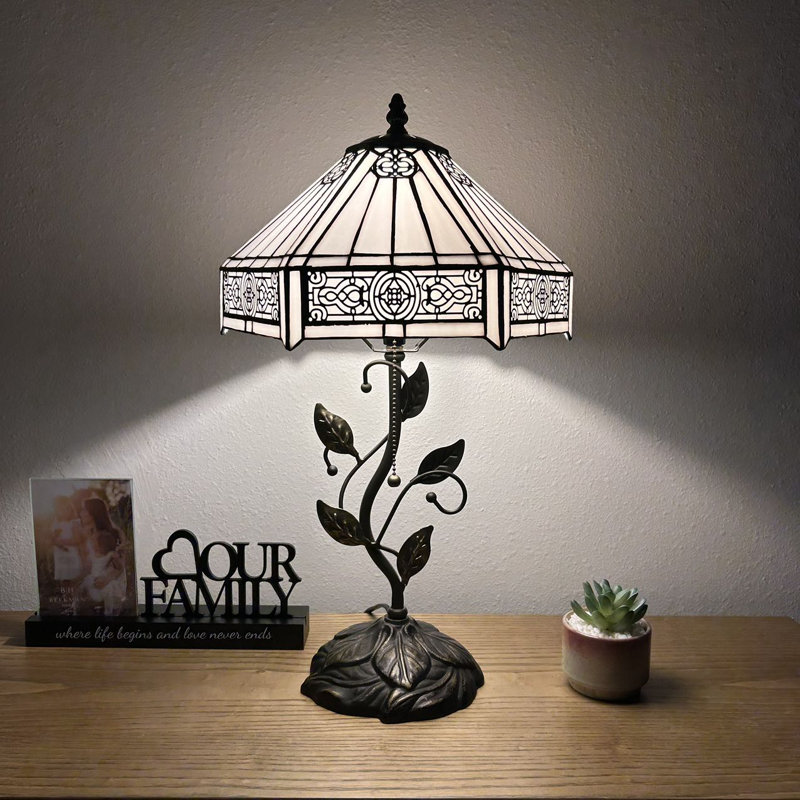 Meryem Tiffany Table Lamp White Hexagon Stained Glass Included LED Bulb 22"H*12"W, White