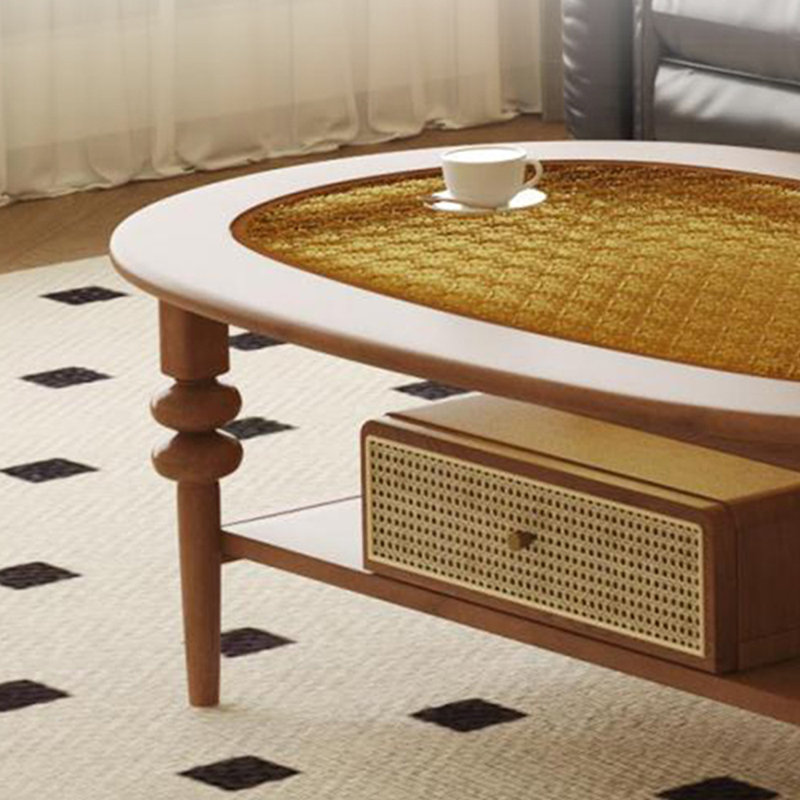 Retro Oval Solid Wood Coffee Table Wicker Drawer