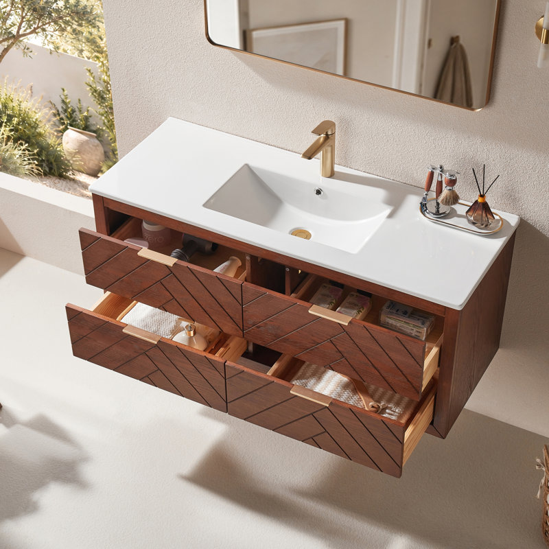 Ensemble de meuble-lavabo mural 48 po, flottant, fixé au mur avec céramique à un trou intégré