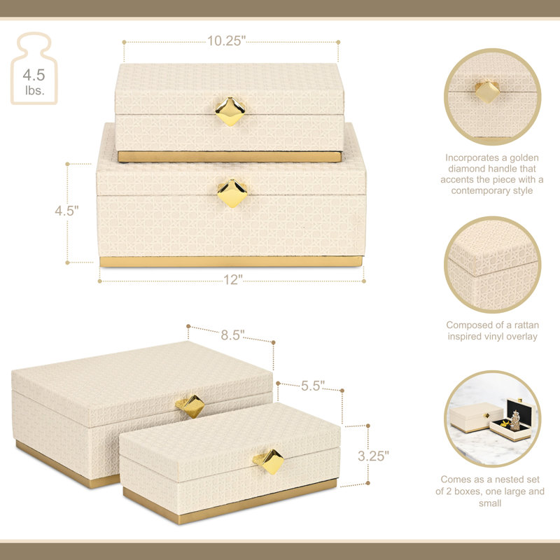 Ensemble de boîtes rectangulaires en vinyle Baskura - Blanc | Base en métal doré, Blanc