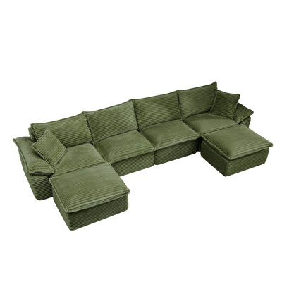 144" Sectional Sofa - U-Shape Sofa-Oversized Corduroy Cloud Couch with Movable Ottoman Soft Modern Comfy and No Assembly Sofa Set for Living Room Apartment Office, Green