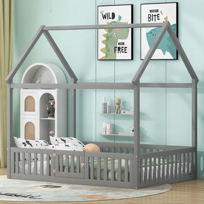 Wood House Bed with Fence and Door