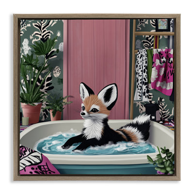 «Bathing Fox in Tropical Bathroom», art mural sur toile flottante brune, design par Annabelle Hall