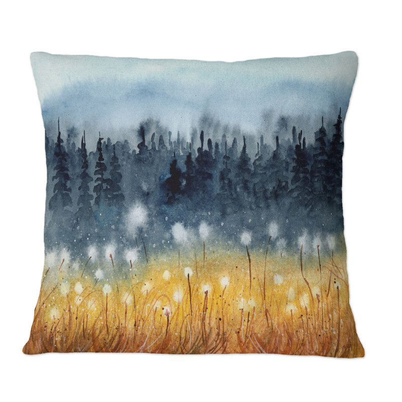 Paysage avec un champ de blé jaune - Coussin décoratif à imprimé traditionnel, 18 po x 18 po