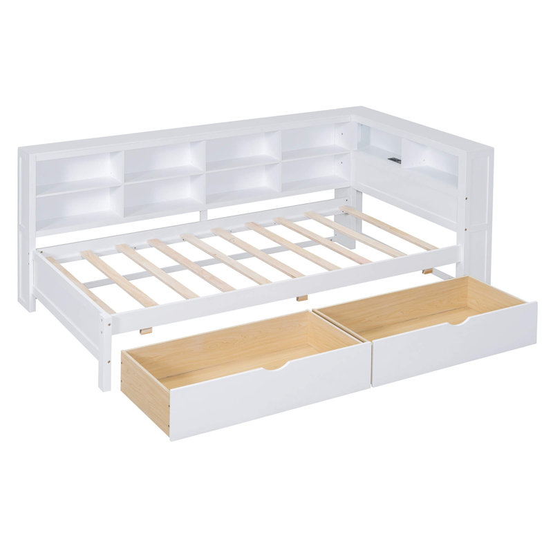 Wooden Twin Size Daybed With 2 Drawers, Storage Shelf & USB Charging Port, Twin, White