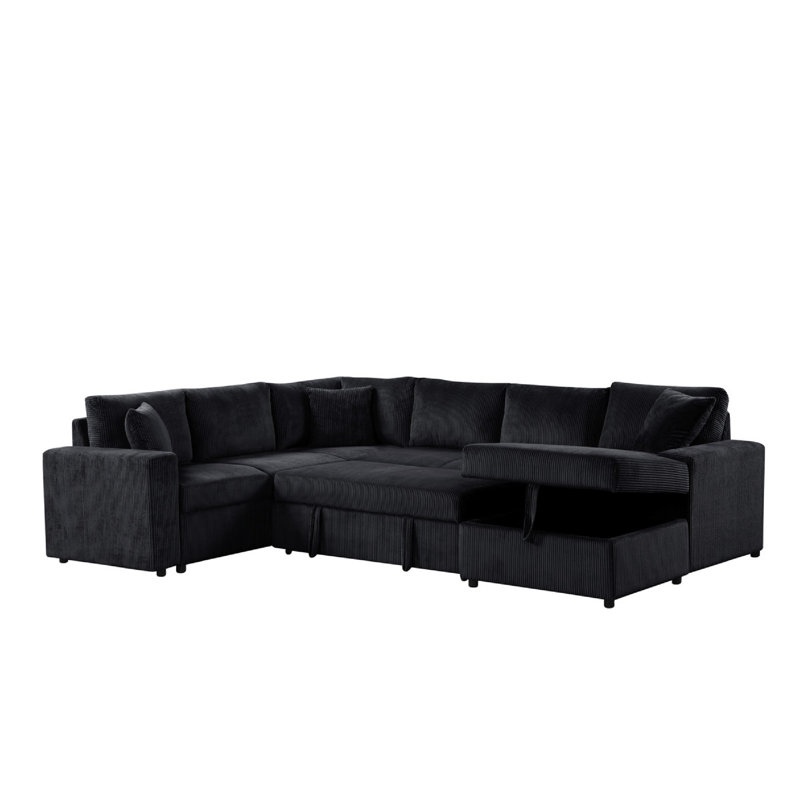 Canapé-lit modulaire Xely, méridienne de rangement, 3 coussins, velours côtelé noir de 123 po, Velours côtelé noir