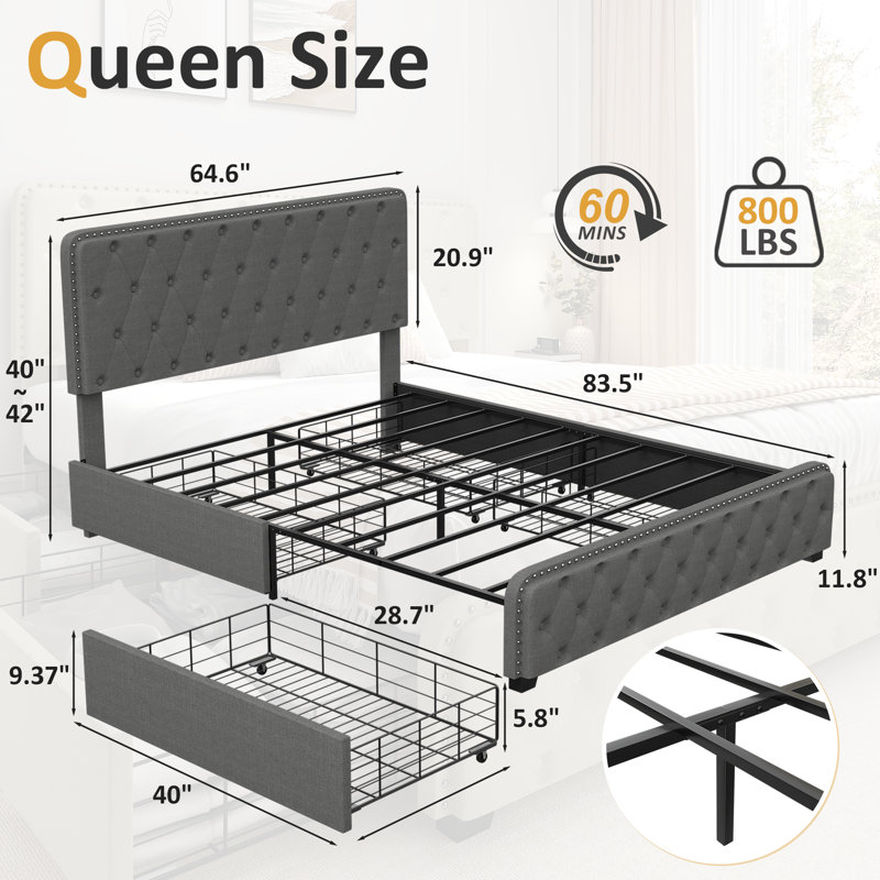 Grand lit avec rangement, Gris foncé