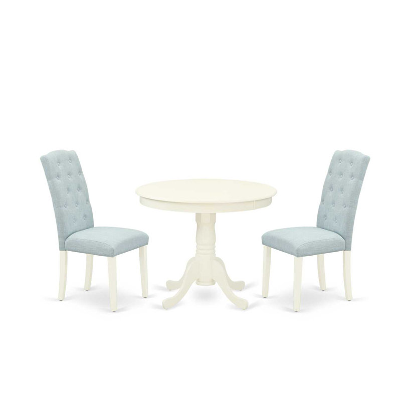 3 Piece Modern Dining Table Set Contains a Round Kitchen Table with Pedestal and 2 Baby Blue Linen Fabric Parsons Dining Chairs, Linen White