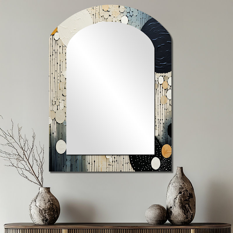 Monochrome Medley III - miroir asymétrique à collages abstraits, miroir mural unique à arche noire, impression d'art en métal