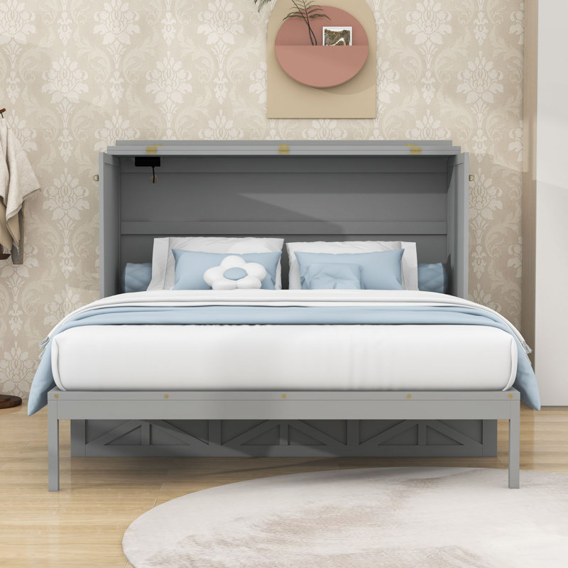 Lit escamotable avec ports USB, prises et tiroirs de rangement, gris
