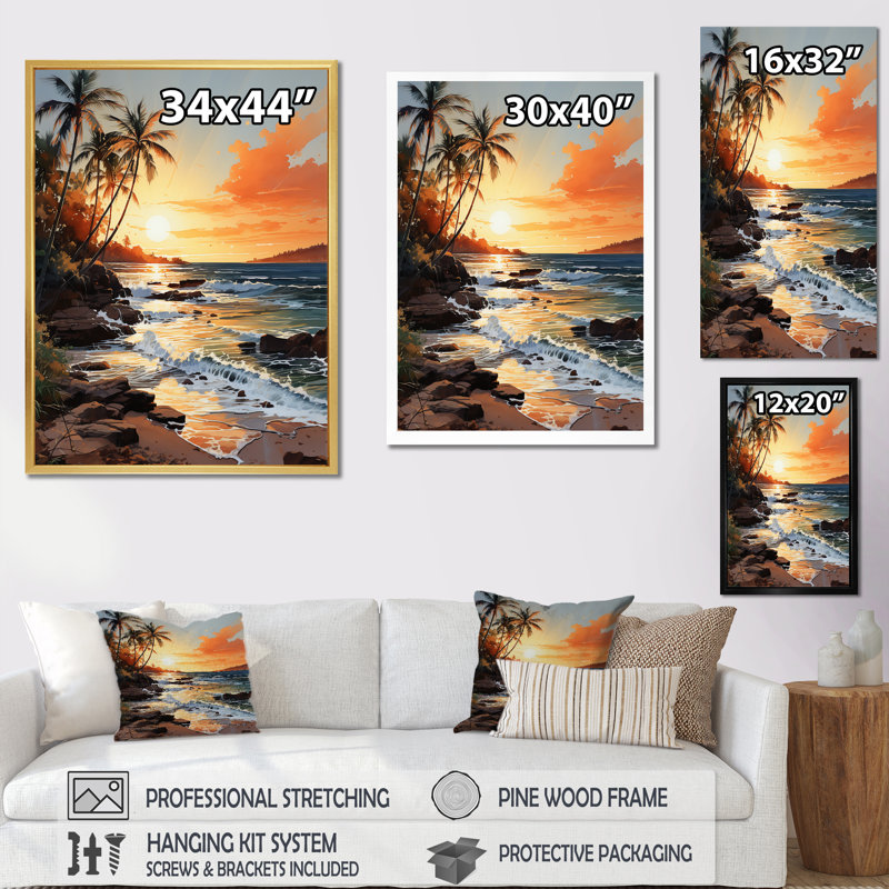 «Beachside Sunset» sur toile, Cadre flottant blanc, H 32 po x l 24 po x P 1 po