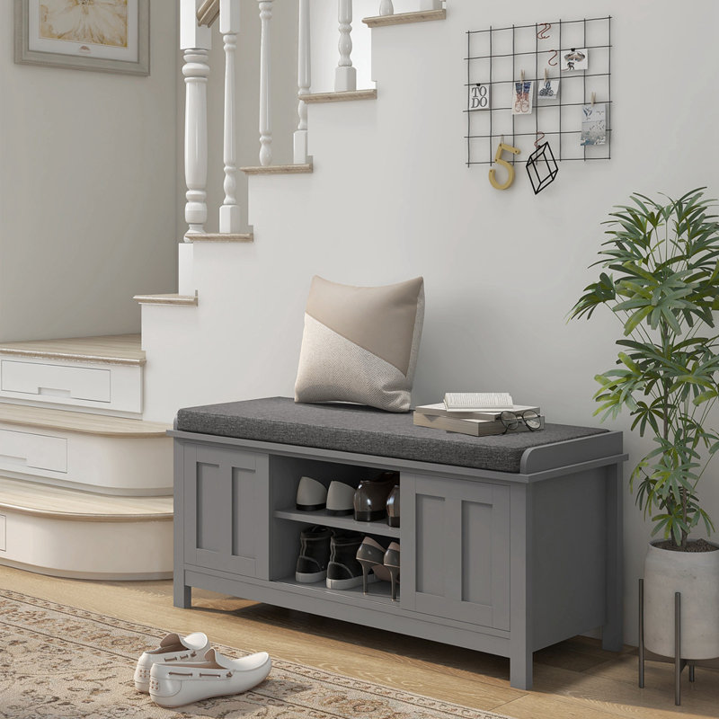 8 Pair Shoe Storage Bench with Sliding Doors, Grey