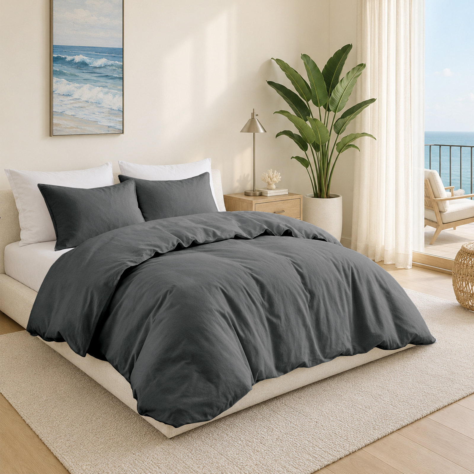 Boseman 100% Linen Duvet Reversible Duvet Cover Set, Queen Duvet Cover + 2 Standard Pillowcases, Charcoal Gray