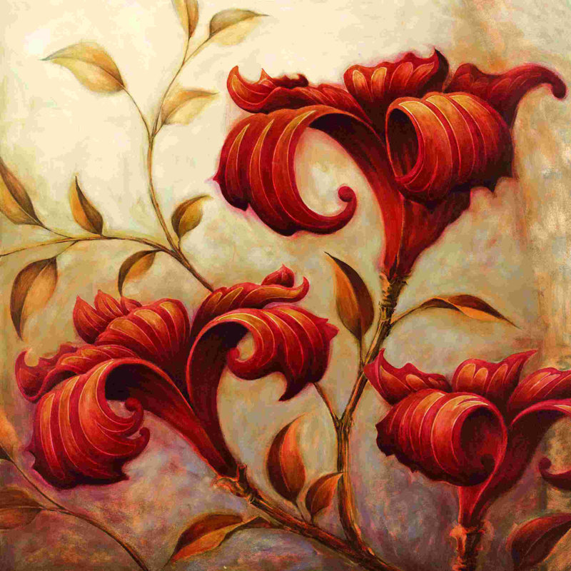 «Curly Red Floral Circle», impression sur toile tendue, H 12 po x l 12 po