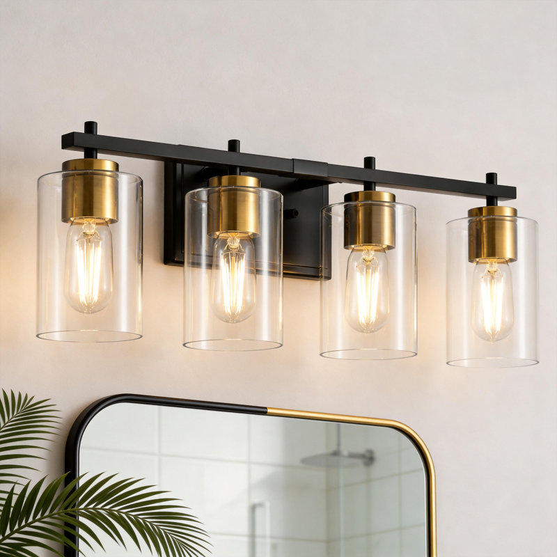 4-Light Glass Shade Bathroom Vanity Lights Dimmable, Clear, Brushed Gold