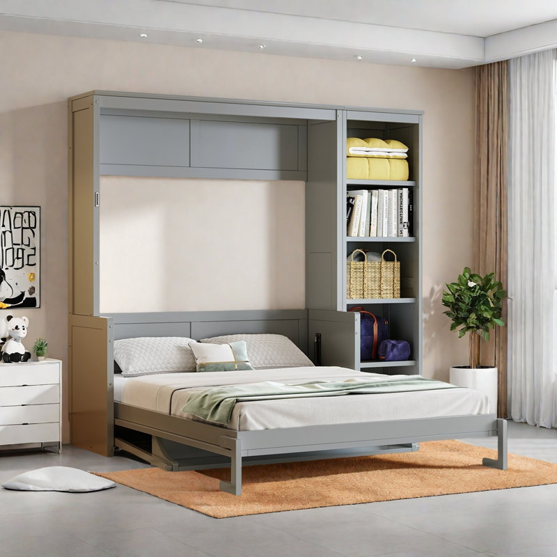 Lit escamotable avec bureau et tablettes Murphy, Gris, Lit double