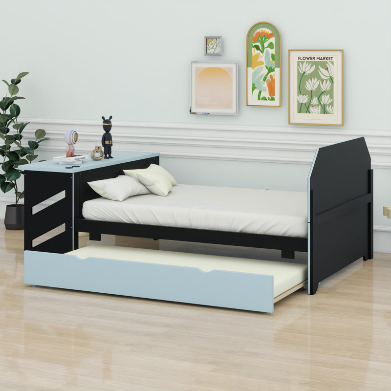 Lit de jour en bois avec couchette, bureau et port USB, Bleu nuage / noir
