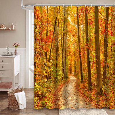 Automne, automne, route, paysage, bois, parc, arbre, orange, beau, rideau de douche avec 12 crochets
