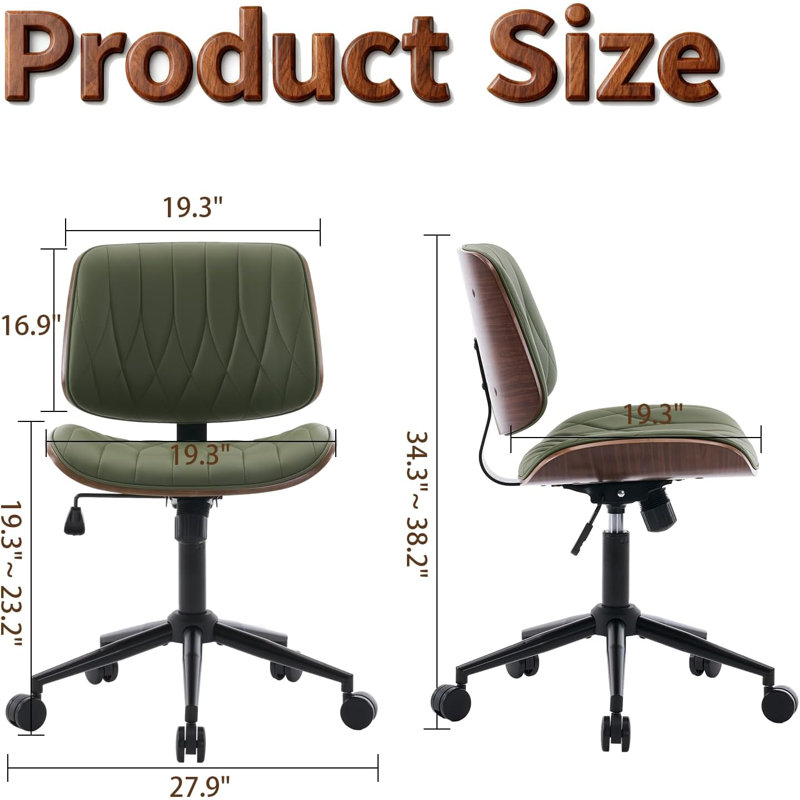  Armless Desk Chair, Modern Office Chair no Arms, Vanity Chair, PU Leather Computer Task Chairs, Ergonomic Desk Chairs for Home Small Space, Dorm, Swivel with Wheels, Mid Century Style, Green