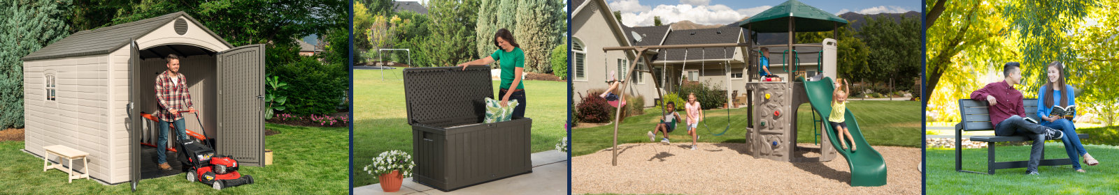 Walking out of a shed image. A pillow in a deck box, and kids playing on a Swing and couple on Bench