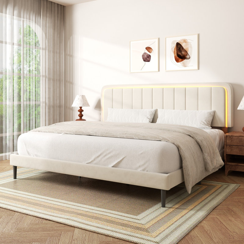 Upholstered Platform Bed with Adjustable Headboard and LED Lights, King