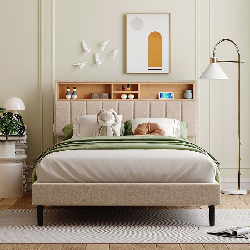 Isenberg Vella Upholstered Bookcase Platform Bed, Full, Beige
