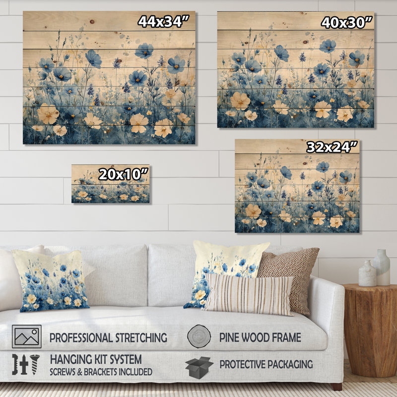 Field Of Blues Watercolor Wildflowers II - Wildflowers Wood Wall Art - On Natural Pine Wood, 34" H x 44" W x 0.78" D