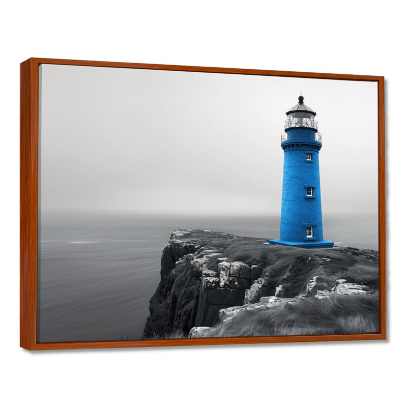 Photo de phare monochrome bleu en hiver I - salon d'art mural de phares, Cadre flottant brun, H 34 po x l 44 po
